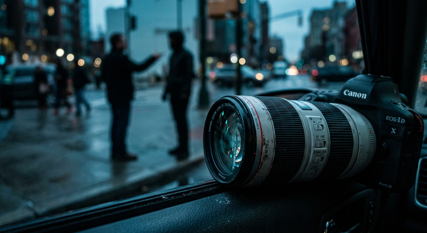 מצלמת קנון Canon EOS-1D X עם עדשת טלפוטו לבנה מונחת על חלון רכב ומכוונת לעבר אנשים ברחוב עירוני.